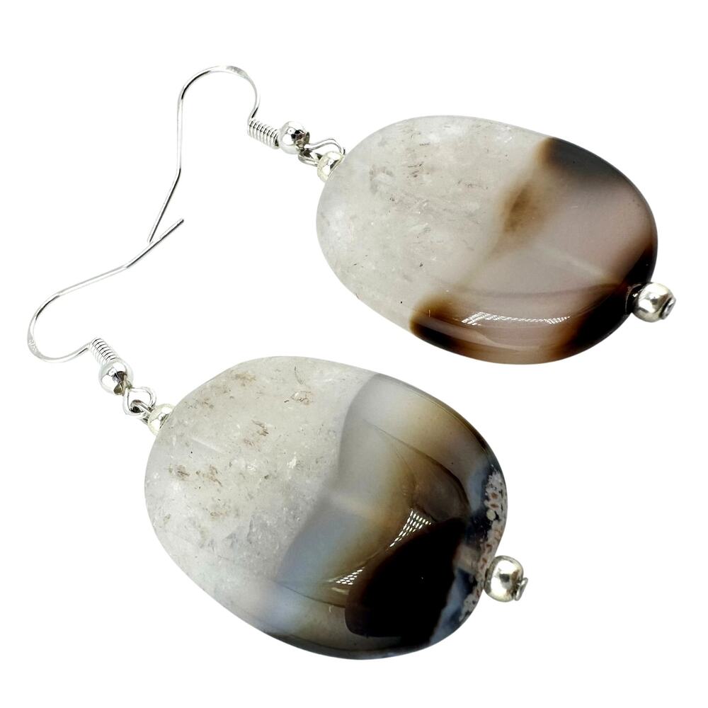925 Sterling Silver Agate In Quartz Polished Natural Stone Bead 2" Earrings